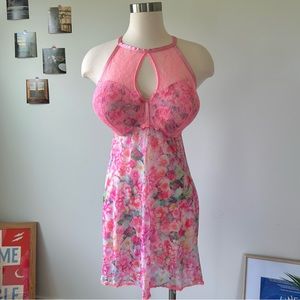 Sz_2XL | Demi Push Up Lace High Neck Halter Mesh Chemise Sleep Gown